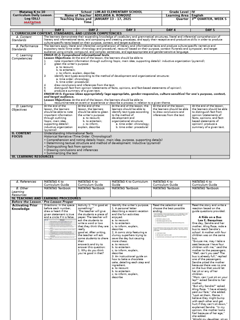Grade IV English Lesson Plan: Informational Texts | PDF | Reading ...
