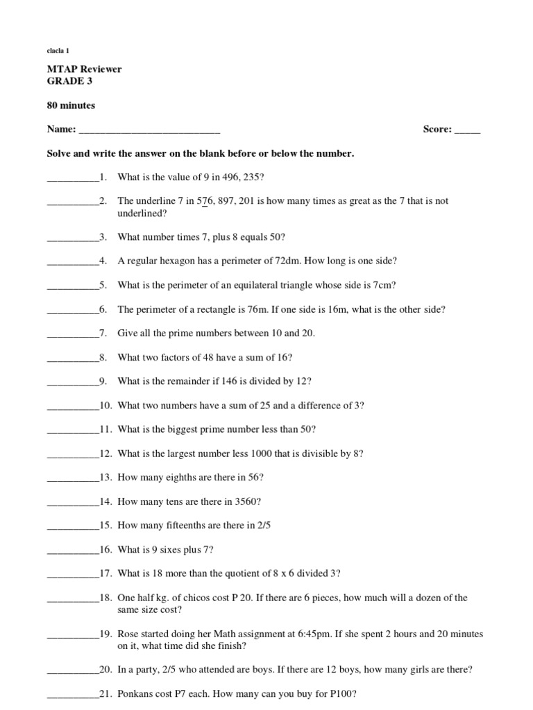 MTAP Reviewer Grade 3 | Elementary Mathematics | Teaching Mathematics