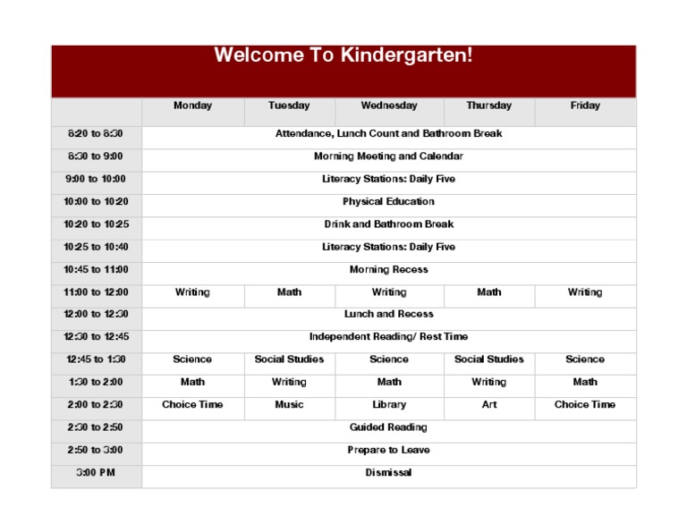 Kindergarten Schedule PDF Schools Social Institutions