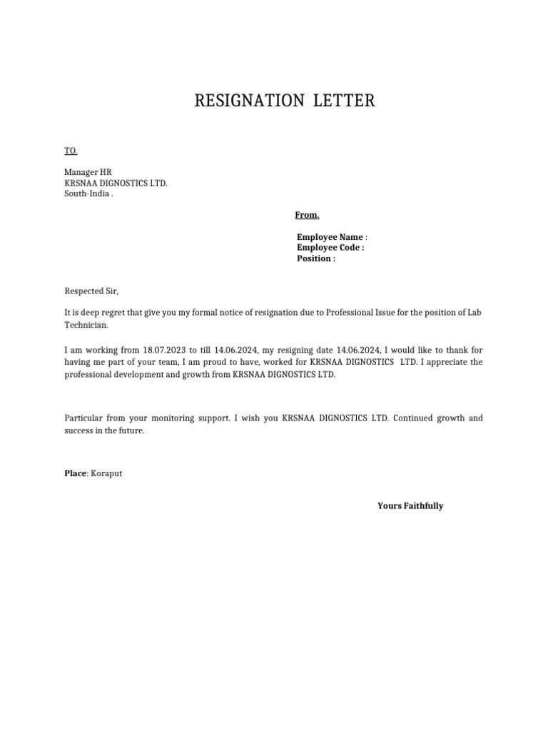 Lab Technician Resignation Letter | PDF