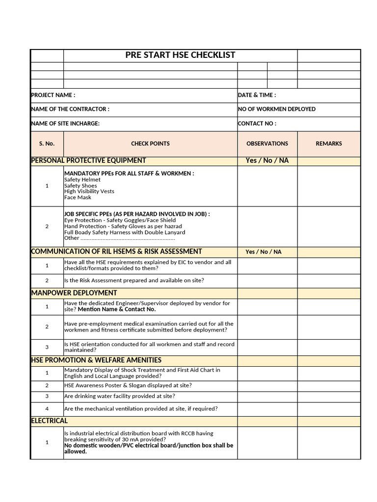 Pre Start HSE Safety Checklist | PDF | Scaffolding | Ladder
