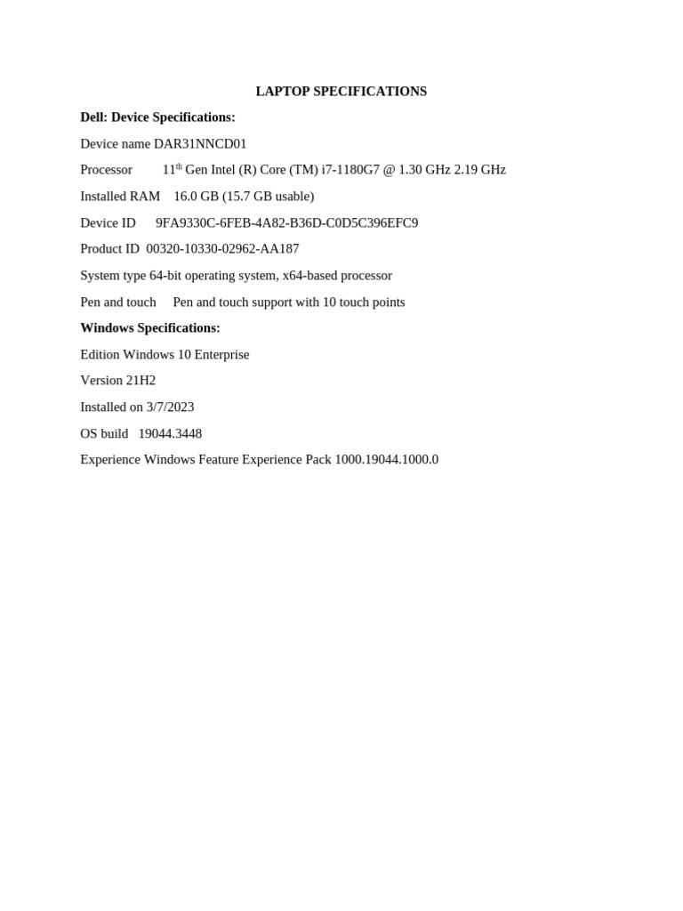Laptop Specifications | PDF