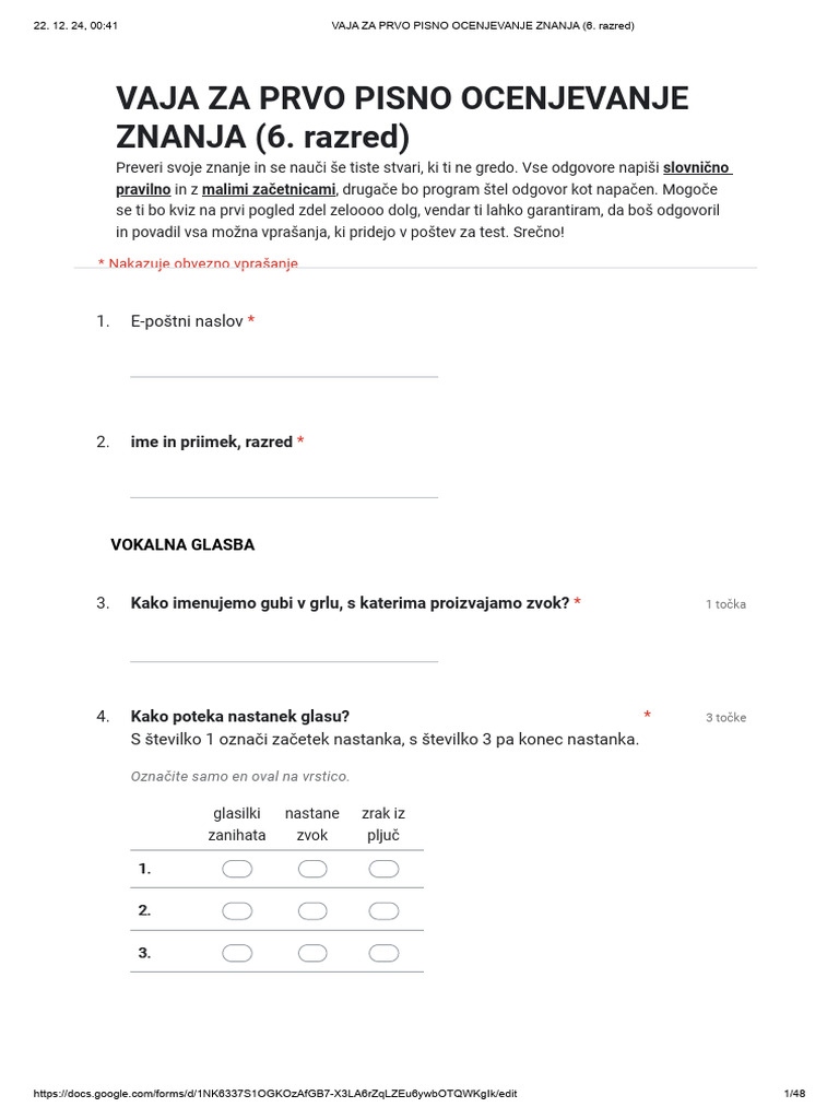 Ponovitveni Kviz Za Test (6. Razred) - Vprašanja | PDF