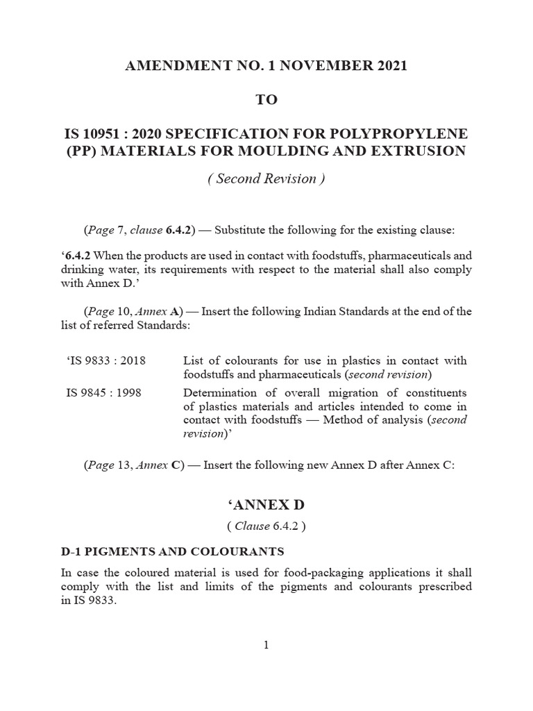 IS10951 Amendment 1 - 2021 | PDF | Plastic | Materials