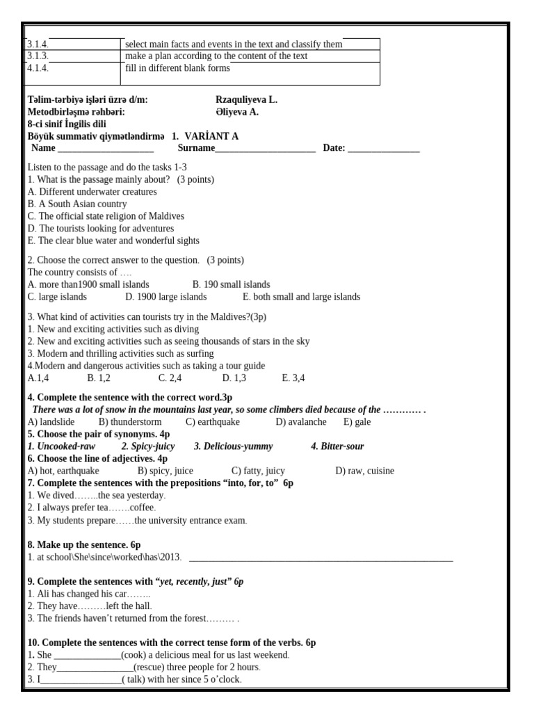 8th Grade English Language Assessment | PDF | Pollination | Trees