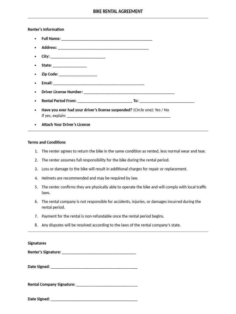 Bike Rental Agreement Form | PDF