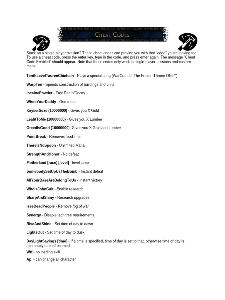 Essential Cheat Codes for Single-Player Games | PDF
