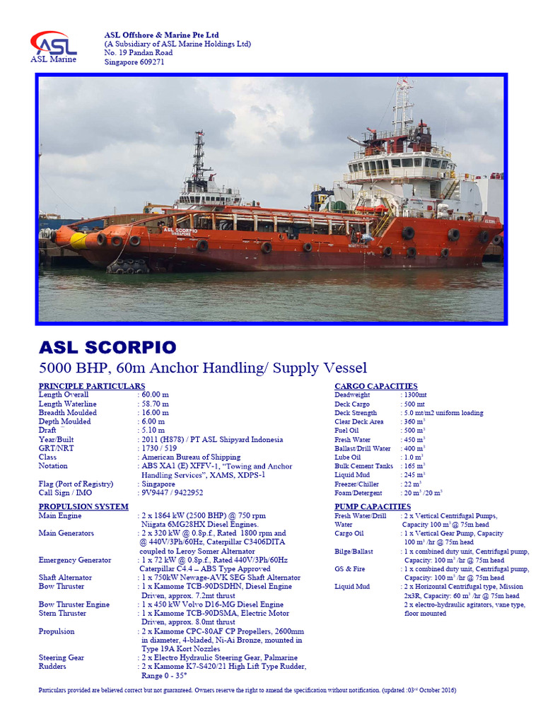 ASL Scorpio Vessel Specifications | PDF | Pump | Crane (Machine)