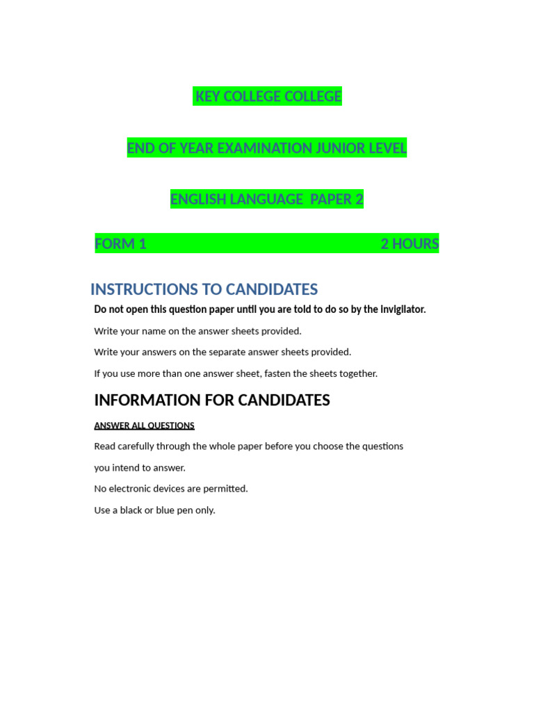 Form 1 english paper 2 pdf