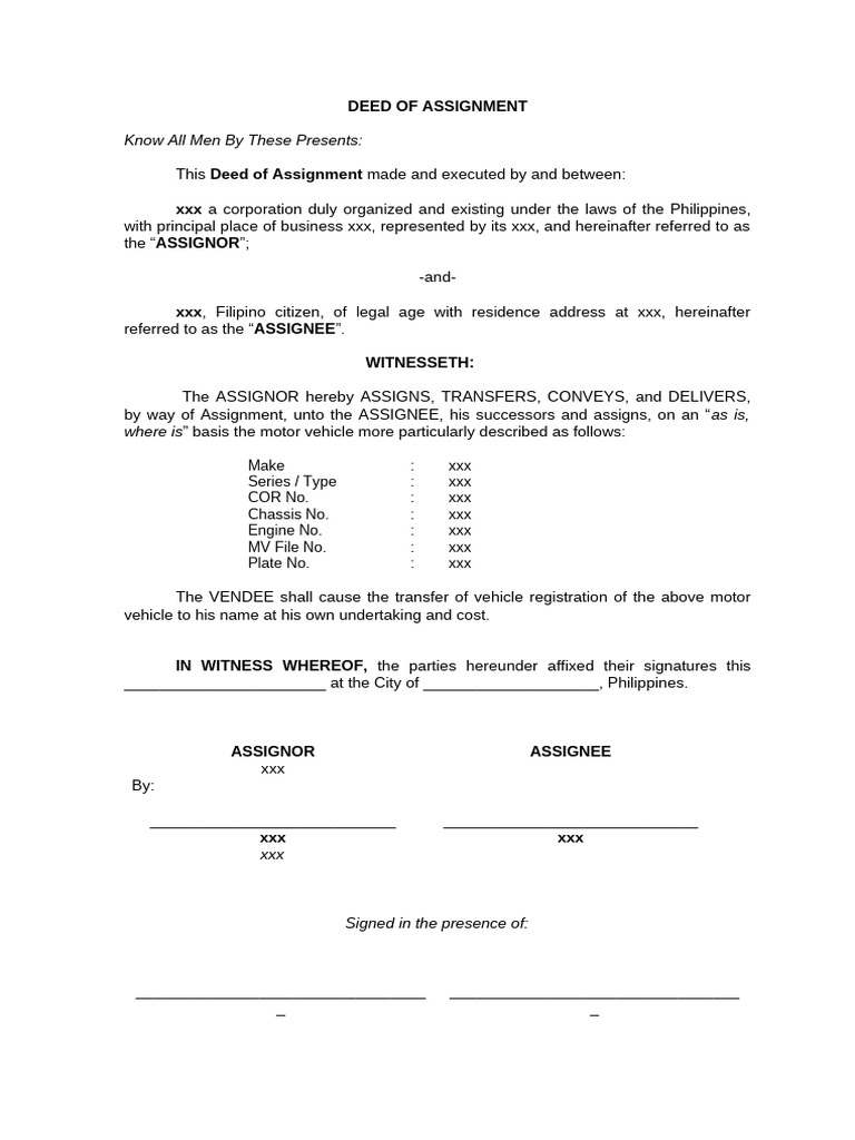 Vehicle Deed of Assignment Template | PDF | Assignment (Law) | Private Law