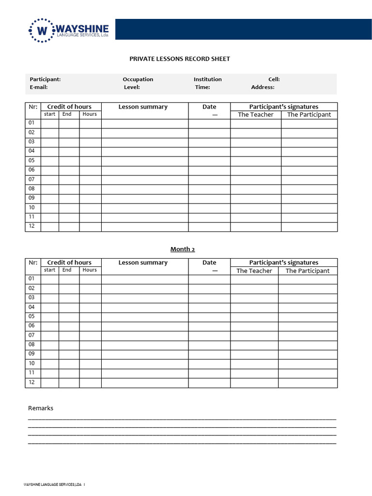 Private Lesson Record Sheet WAYSHINE | PDF