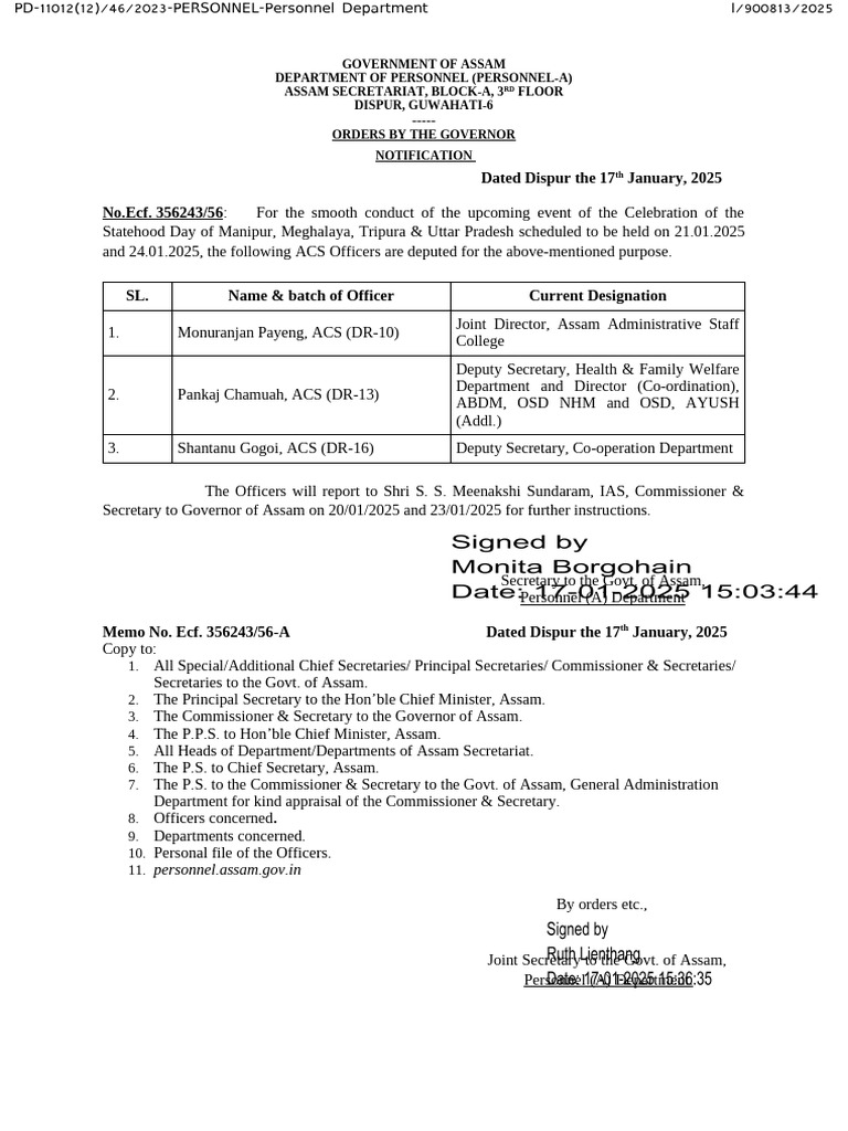 Assam Government Officer Deputation Notification | PDF | Positions Of ...