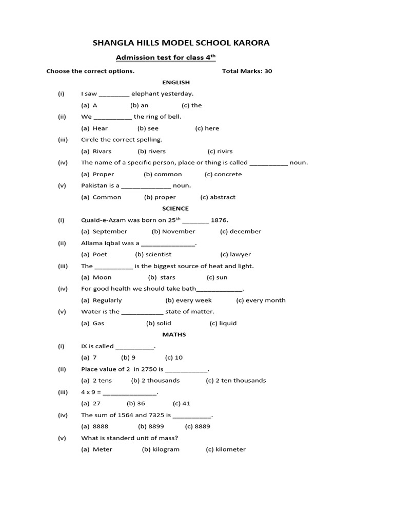 Class 4 Admission Test Questions Pdf