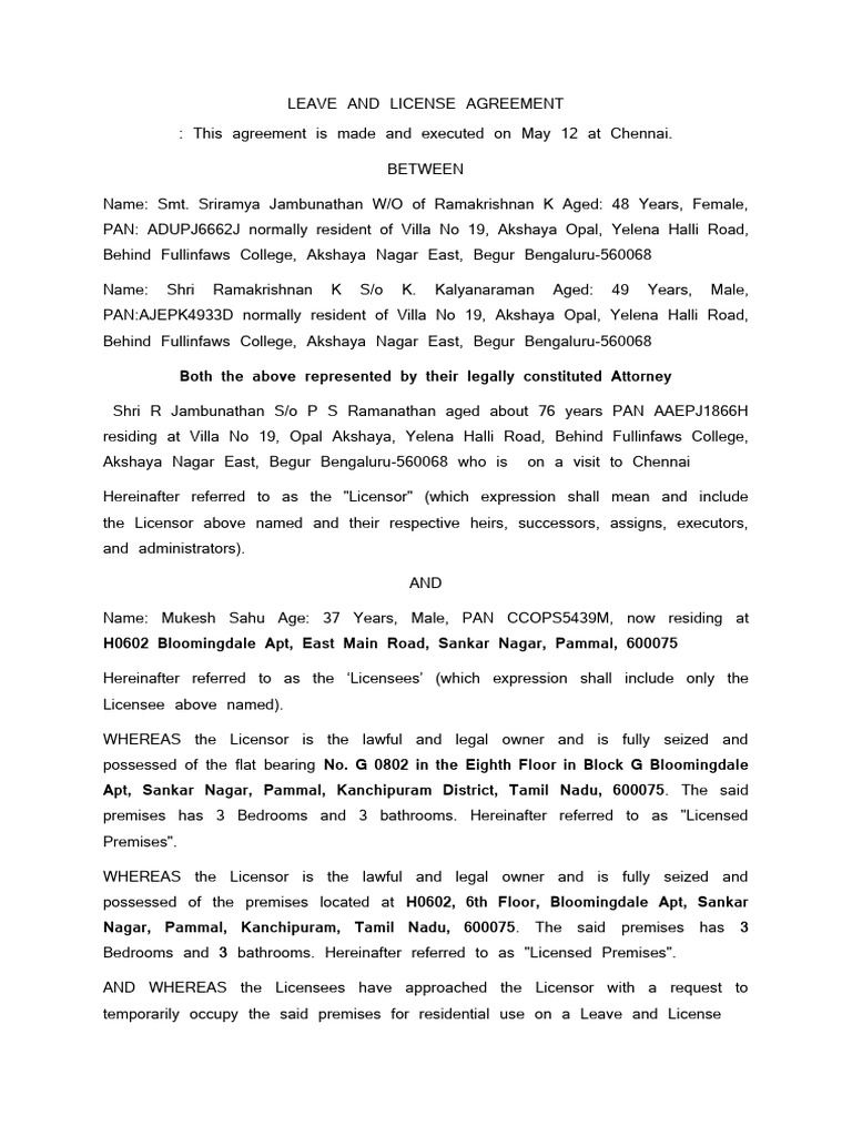 LEAVE AND LICENSE AGREEMENT FINAL | PDF | License | Landlord