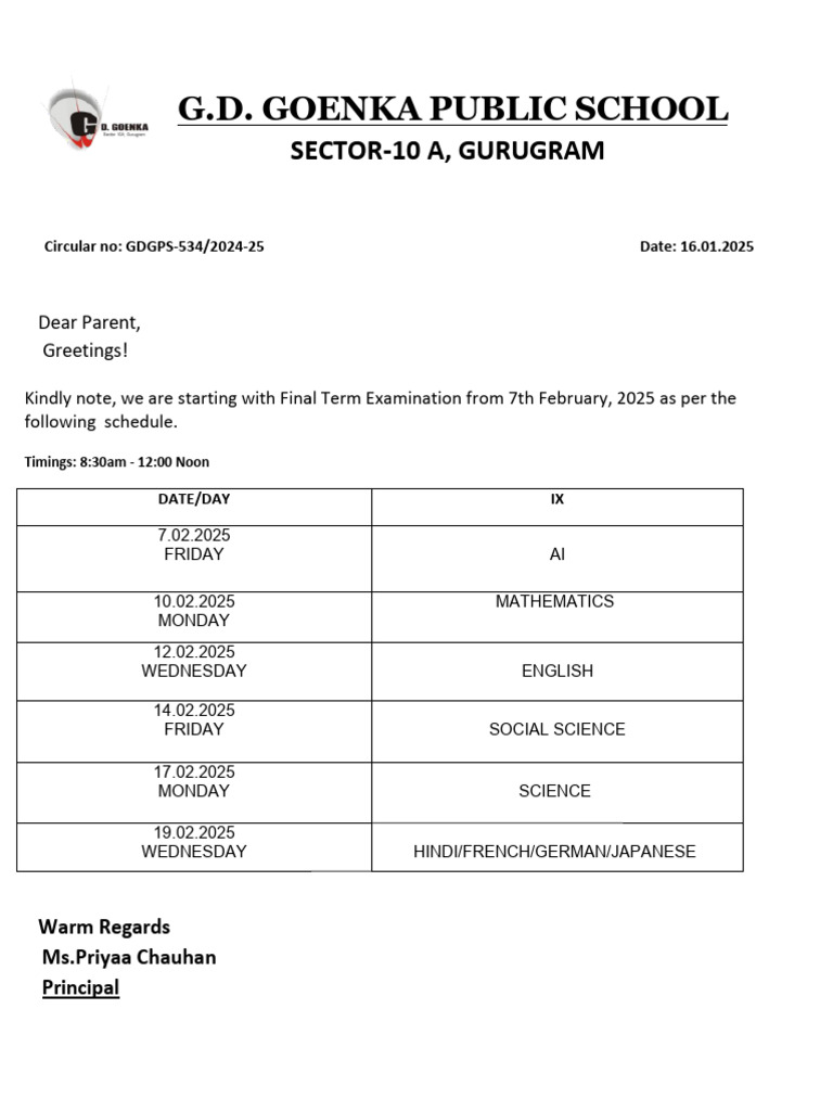 Final Term Datesheet Grade IX | PDF