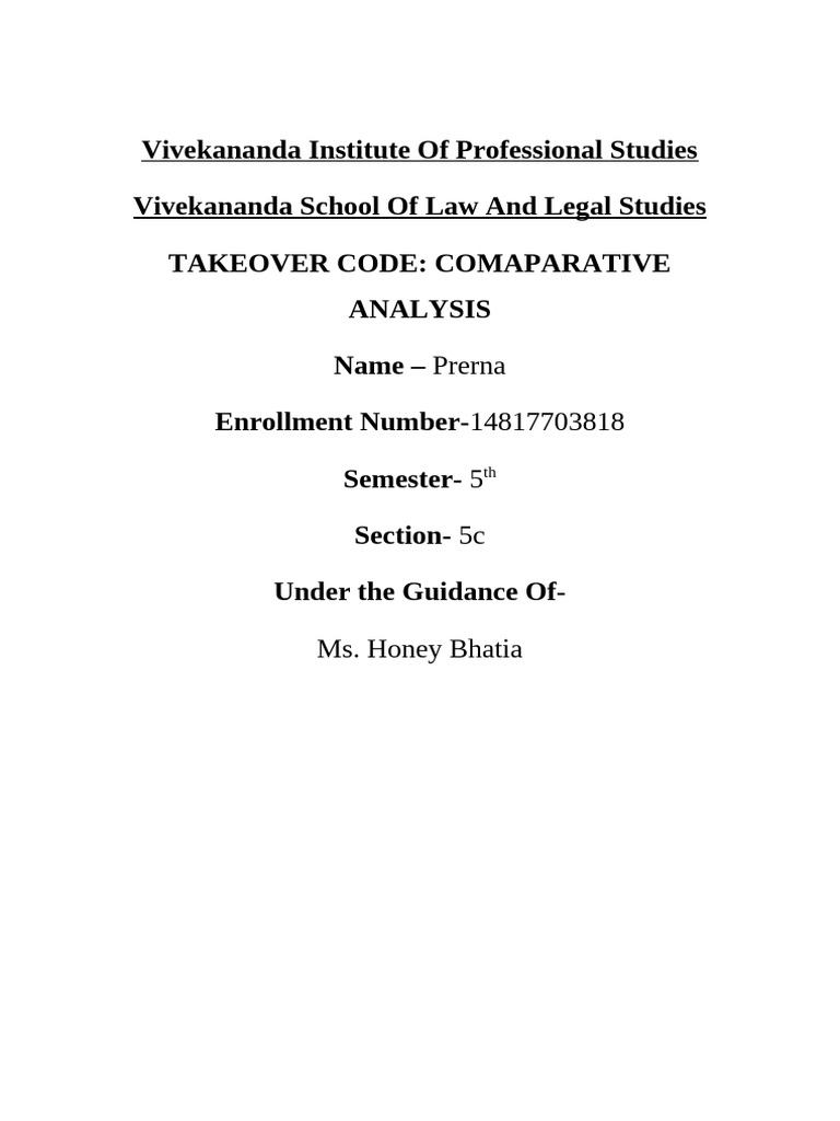 TAKEOVER CODE COMAPARATIVE ANALYSIS | PDF | Takeover | Mergers And ...