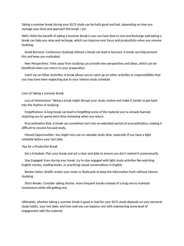 Pros and Cons of Summer Break for IELTS | PDF