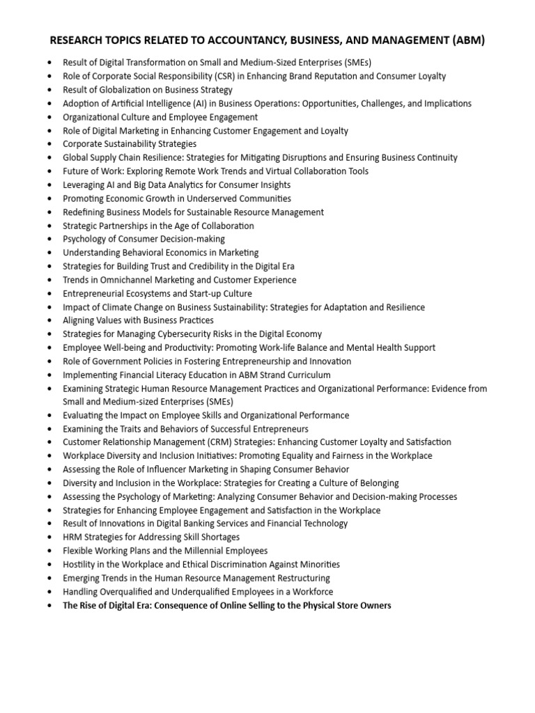 Key Research Topics in ABM and HUMSS | PDF | Entrepreneurship ...