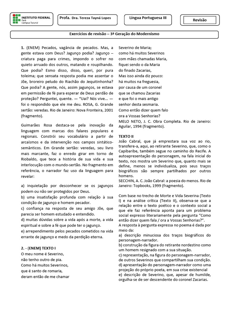 Exercícios sobre a 3ª Geração do Modernismo | PDF | Poesia | Pecado