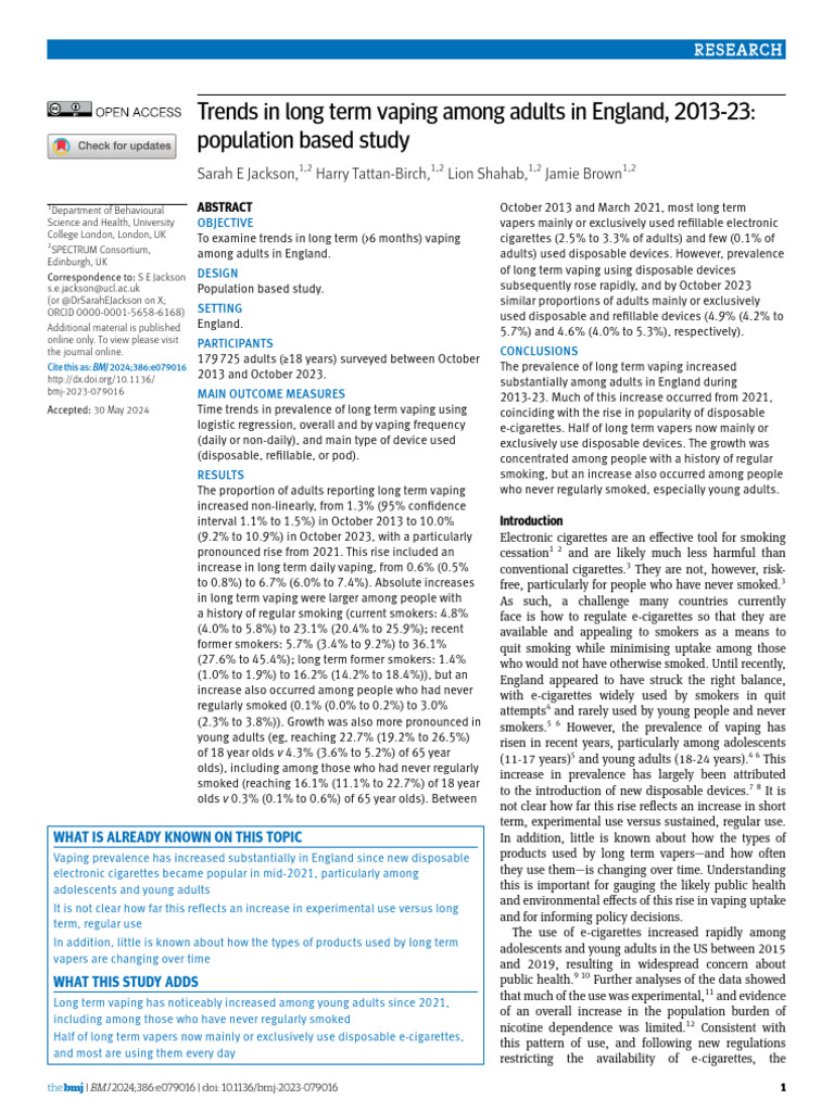 Research Paper - Trends in Long Term Vaping Among Adults in England ...
