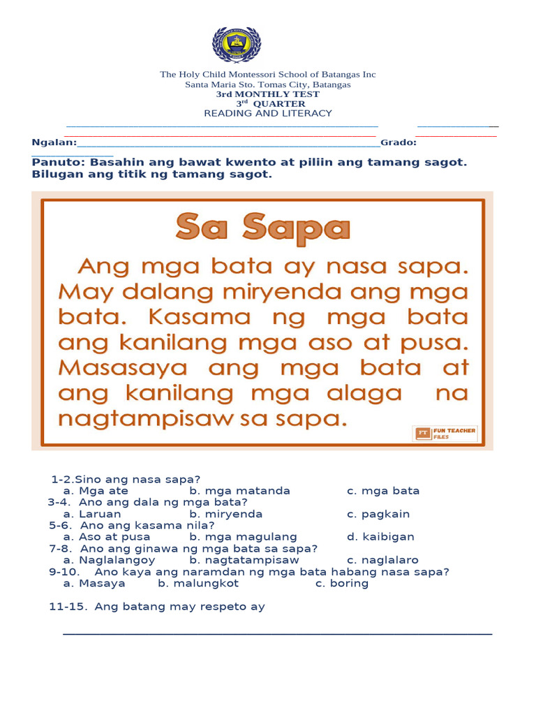 PT GRADE 1 MATATAG READING and LITERACY 1 | PDF