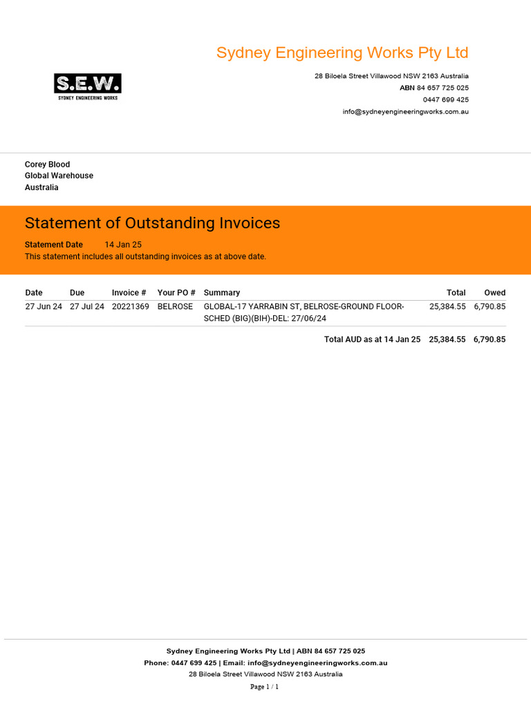Outstanding Invoices Statement - Sydney Engineering | PDF