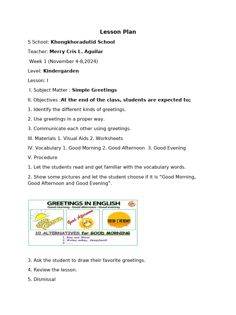 K1 Simple Greetings Lesson Plan | PDF