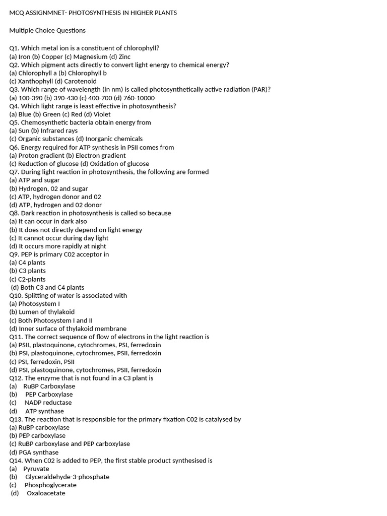 MCQ Assignmnet-Photosynthesis in Higher Plants | PDF