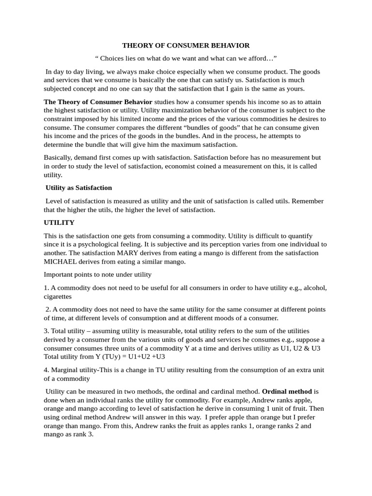Theory of Consumer Behavior | PDF | Utility | Scientific Theories