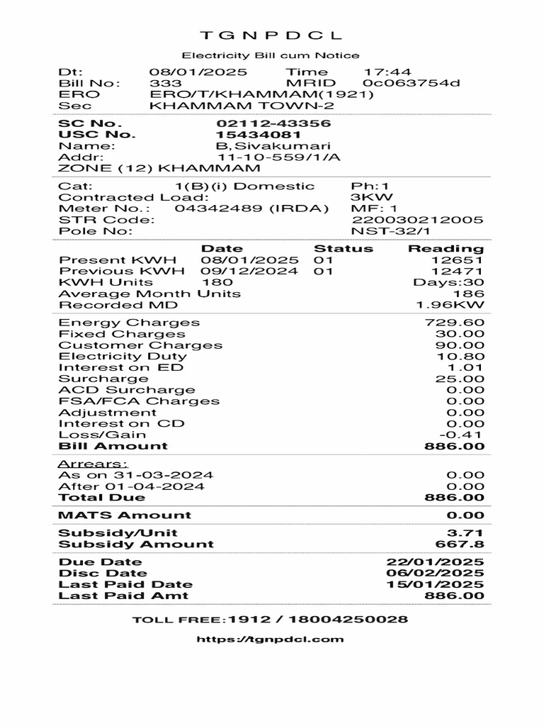 TGNPDCL Electricity Bill Details | PDF