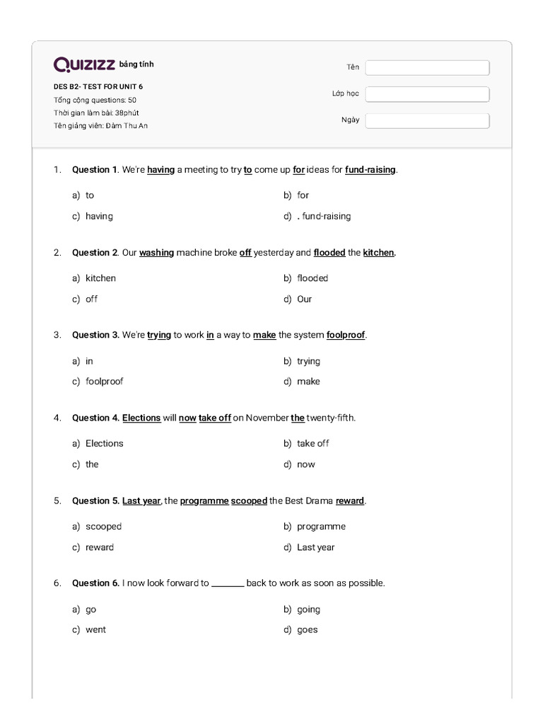 Des b2 - Test For Unit 6 - Quizizz | PDF