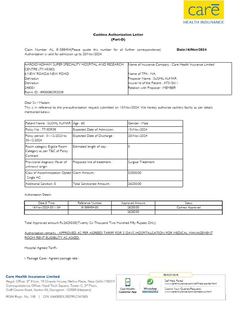 Cashless Insurance Approval Letter | PDF | Insurance | Hospital
