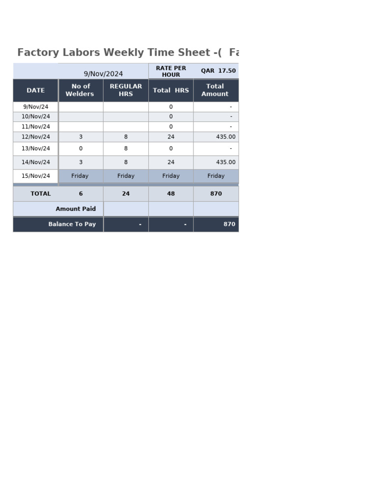 Weekly Time Sheet for Factory Labor | PDF | Labor Relations | Working ...