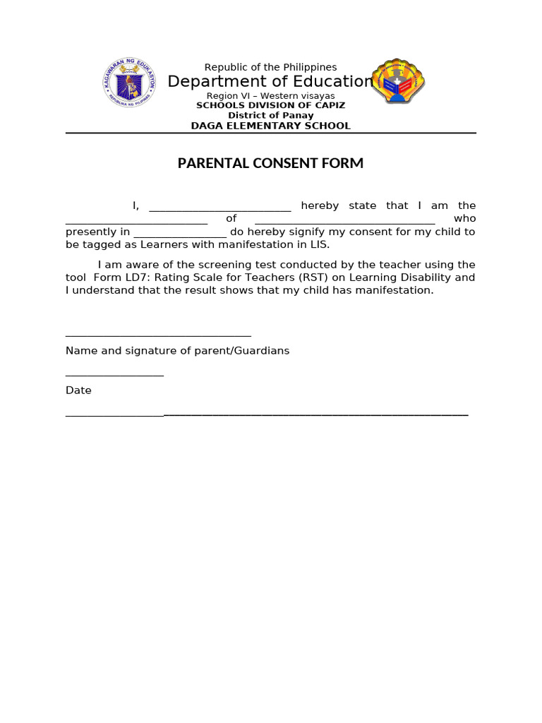 PARENTAL CONSENT FORM FOR Learners With Manefistation | PDF