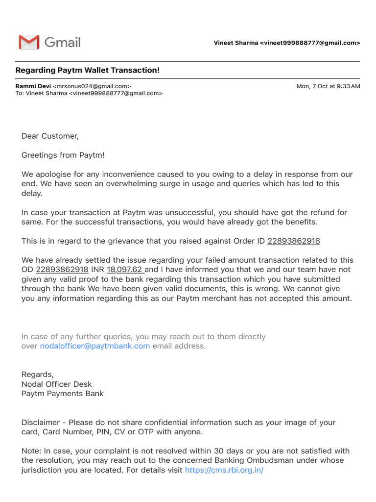 Paytm Wallet Transaction Issue Resolution | PDF