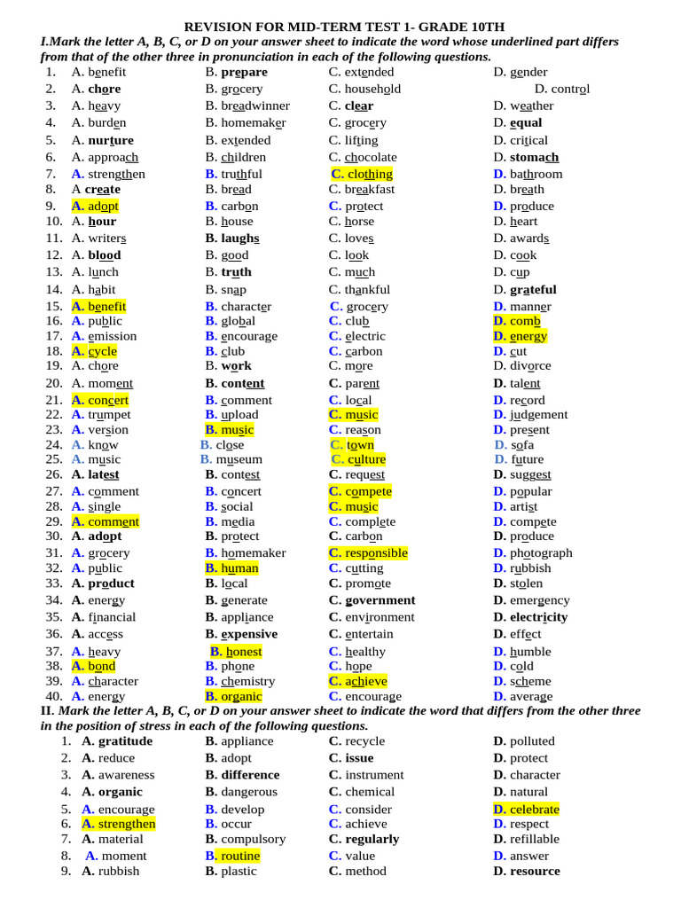 Grade 10 Mid-Term Test Revision Guide | PDF | Marriage | Garlic
