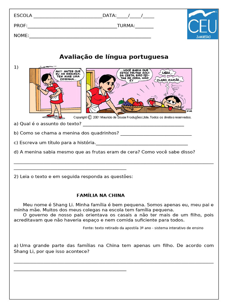Avaliação de Língua Portuguesa 3º Ano | PDF