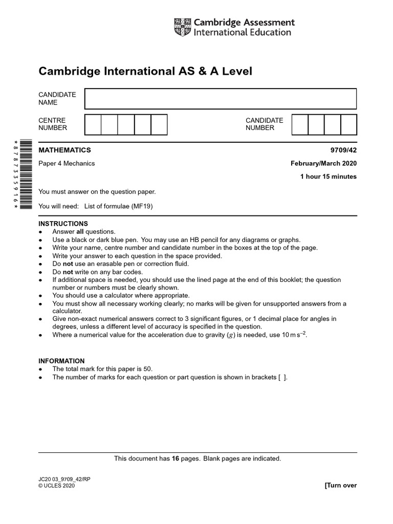 Cambridge AS Level Math Mechanics Exam | PDF | Force | Friction