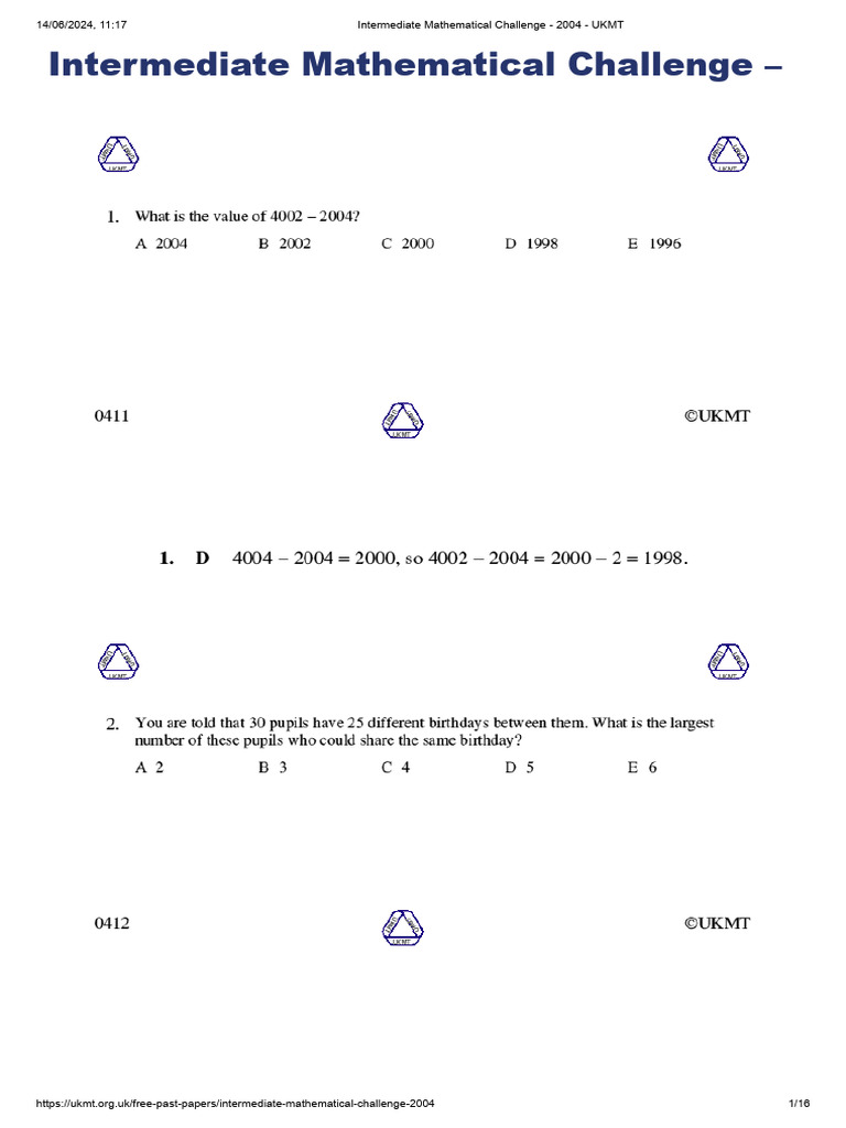 UKMT Intermediate Challenge 2004 Paper | PDF | Mathematics | Competition