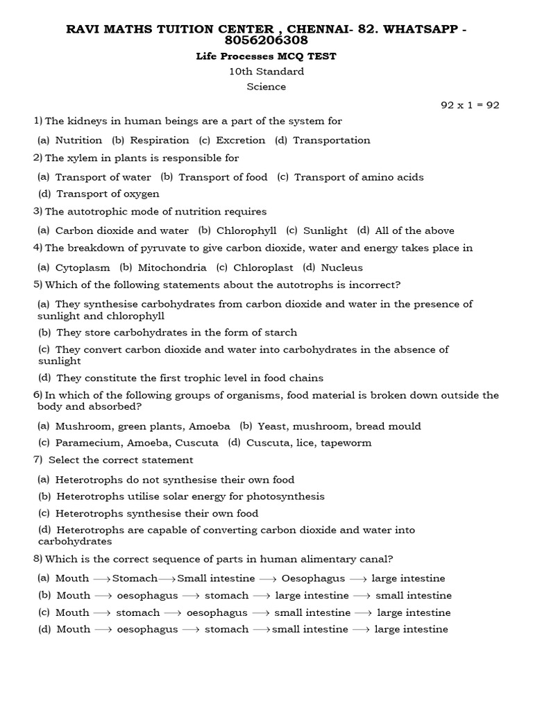 10th Cbse Life Processes MCQ Test Q | PDF | Osmosis | Stoma