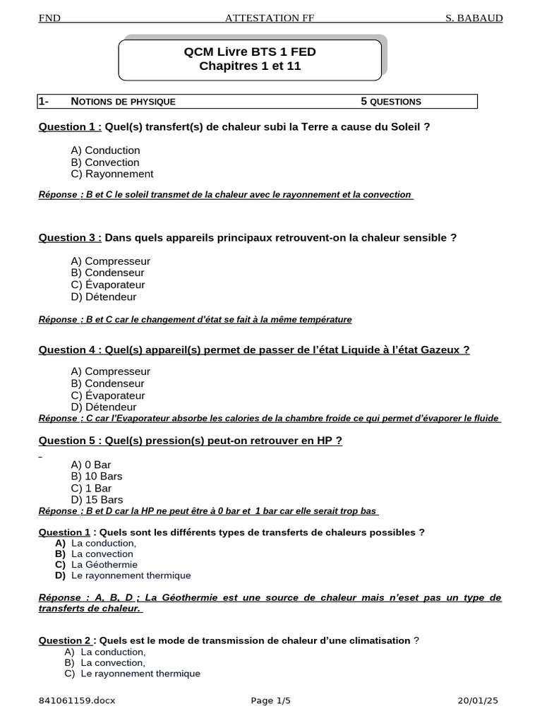 QCM sur le Froid et la Climatisation | PDF | Transfert thermique | Humidité