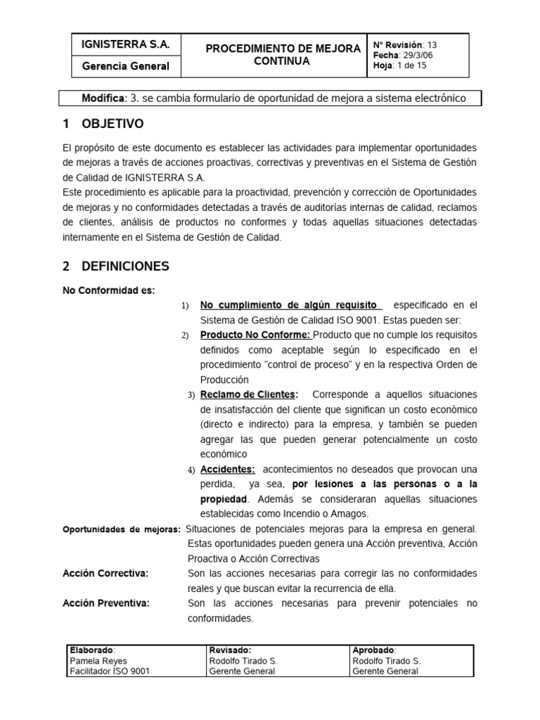 Procedimiento de Mejora Continua ISO 9001 | PDF | Calidad (comercial ...
