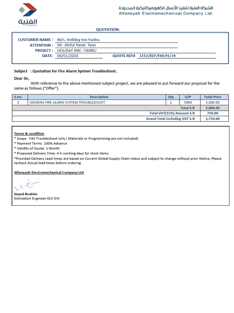 Quotation for Fire Alarm Troubleshooting | PDF