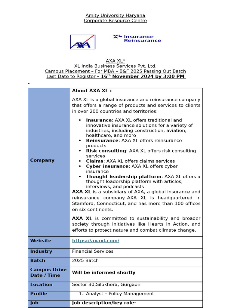 AUH CRC Job Notice - AXA XL India - For MBA - Banking & Finance 2025 ...