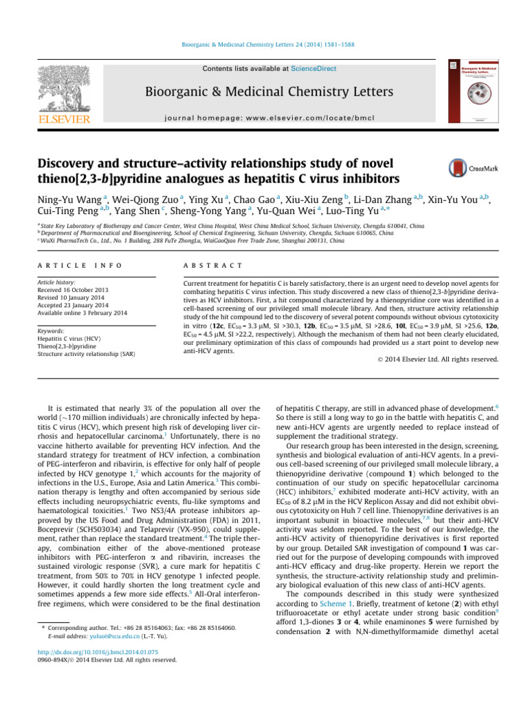 Discovery and Structure-Activity Relationships Study of Novel Thieno (2 ...