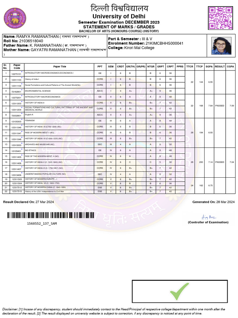 University of Delhi: Semester Examination DECEMBER 2023 Statement of ...