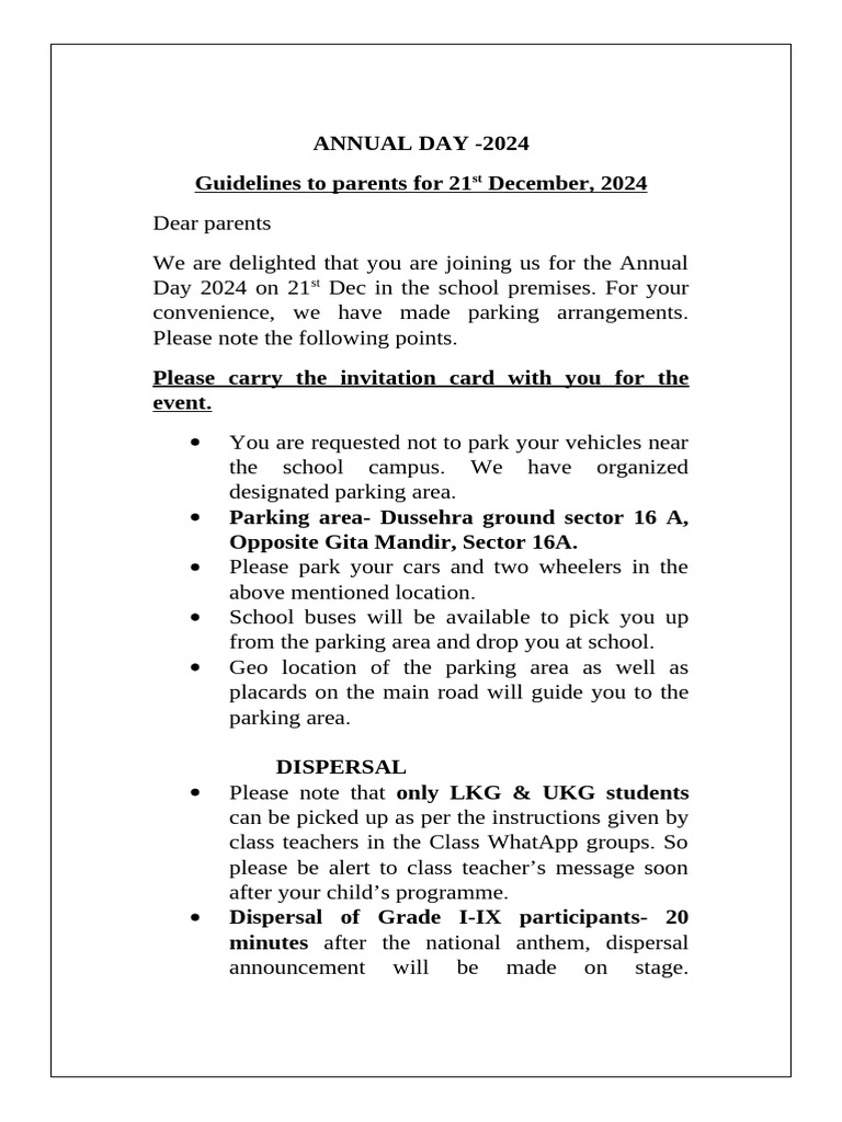 Annual Day 2024 Parent Guidelines | PDF