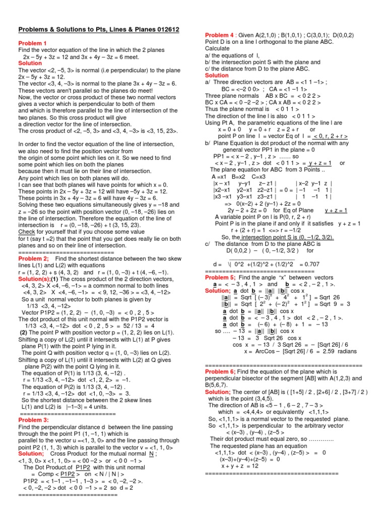 3 DVector Geometry Problems&Solutions 012612 PDF Plane (Geometry