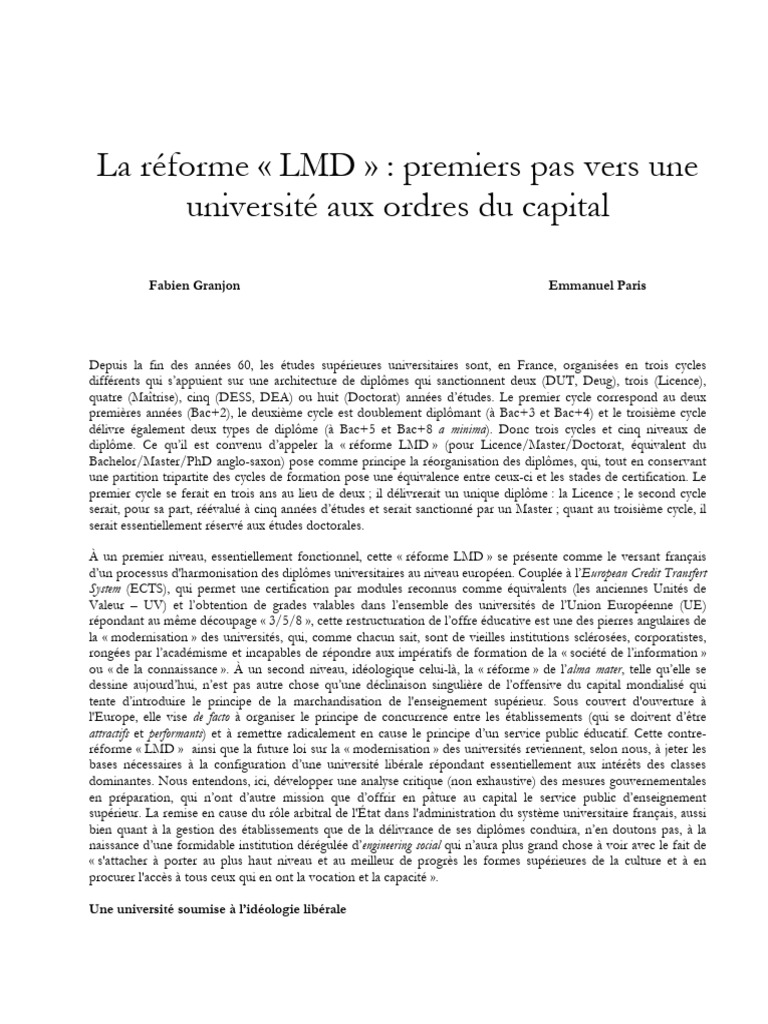 Réforme LMD : Université et Capitalisme | PDF | Doctorat | Enseignement