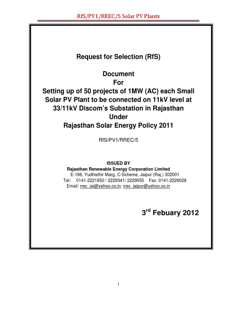 Rajasthan Solar PV Project RfS Document | PDF